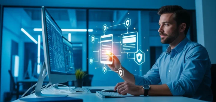 A professional reviewing a secure software development lifecycle SDLC workflow on a high-tech digital display.