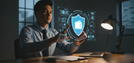 A man securing cryptocurrency wallets against new malware using advanced digital biometric encryption protocols.