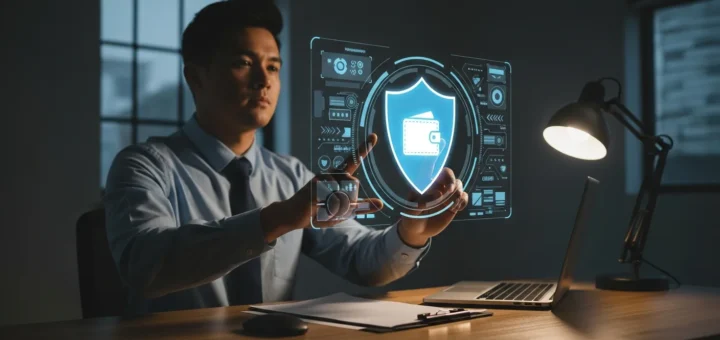 A man securing cryptocurrency wallets against new malware using advanced digital biometric encryption protocols.