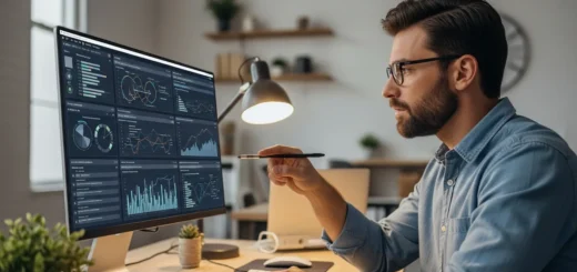 Cybersecurity professional analyzing top SIEM tools for small businesses on a high-tech office computer screen.