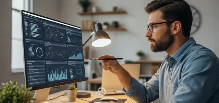 Cybersecurity professional analyzing top SIEM tools for small businesses on a high-tech office computer screen.