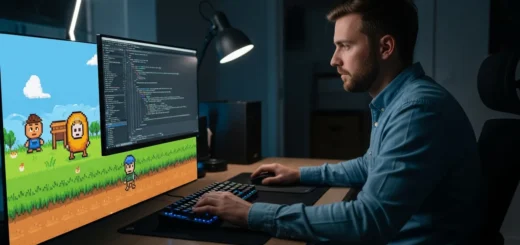 A man inspecting a laptop screen for stardew modding api malware in a dimly lit gaming setup.