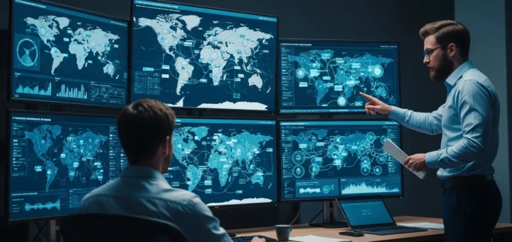 A detailed threat intelligence platforms comparison on a digital dashboard in a futuristic security operations center.