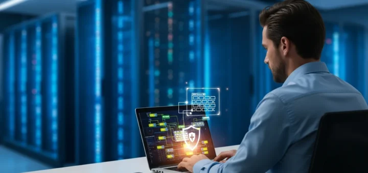 A professional following a web application firewall setup guide to secure a corporate network server.
