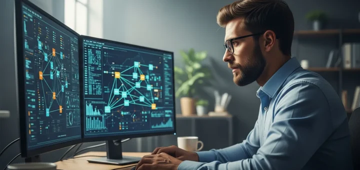 A professional performing a comprehensive WebRat malware analysis on a computer monitor in a dark cybersecurity lab.