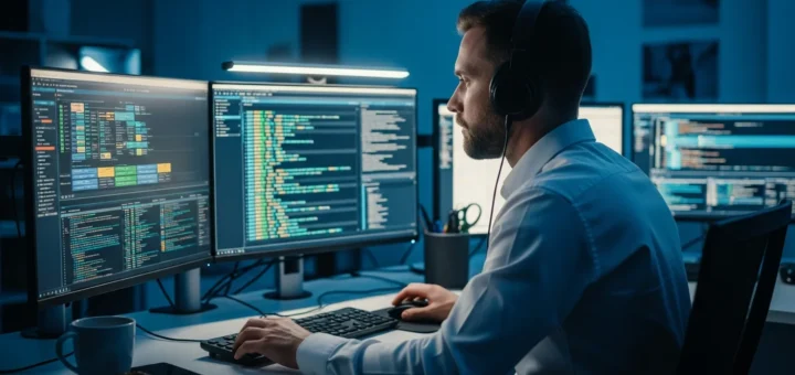 A cybersecurity expert using Wireshark malware and forensics tools to analyze suspicious network traffic on a computer.