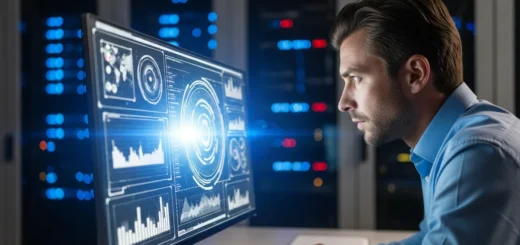 A cybersecurity professional investigating zero day malware threats on a high-tech monitor in a dark office.