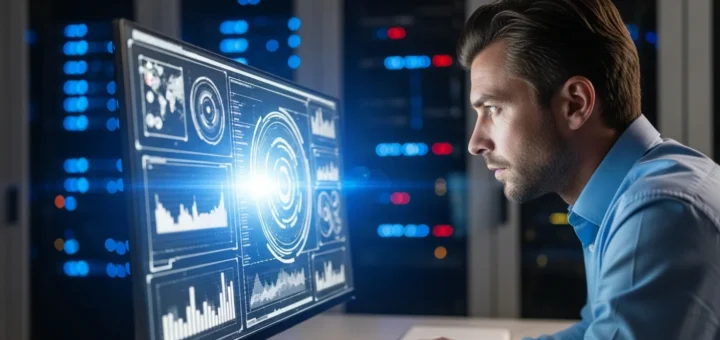 A cybersecurity professional investigating zero day malware threats on a high-tech monitor in a dark office.